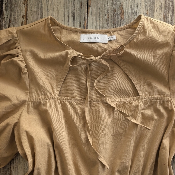 Greylin Poplin Tiered Cotton Midi Dress Camel Women's Small - Picture 5 of 9